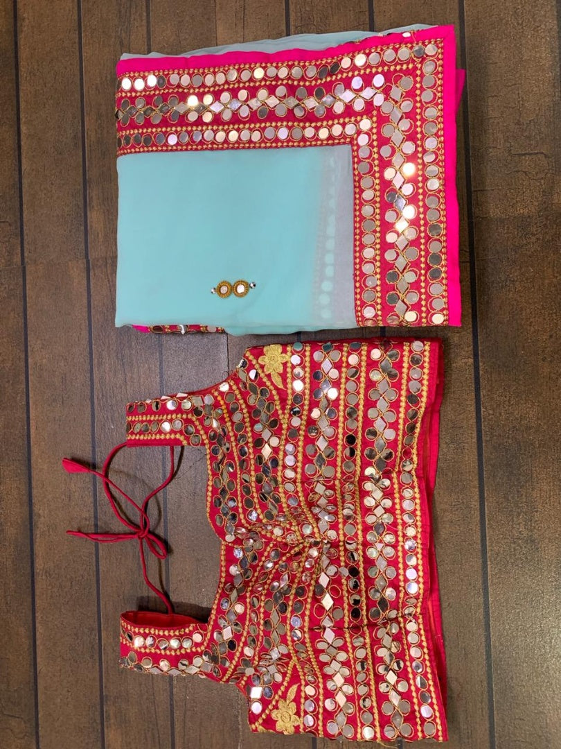 Sea green georgette real mirror work designer wedding saree