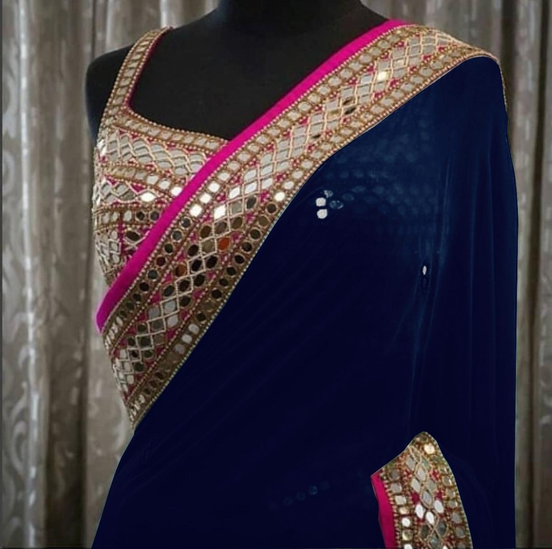 Sea green georgette real mirror work designer wedding saree