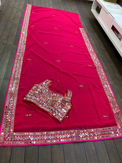 Sea green georgette real mirror work designer wedding saree