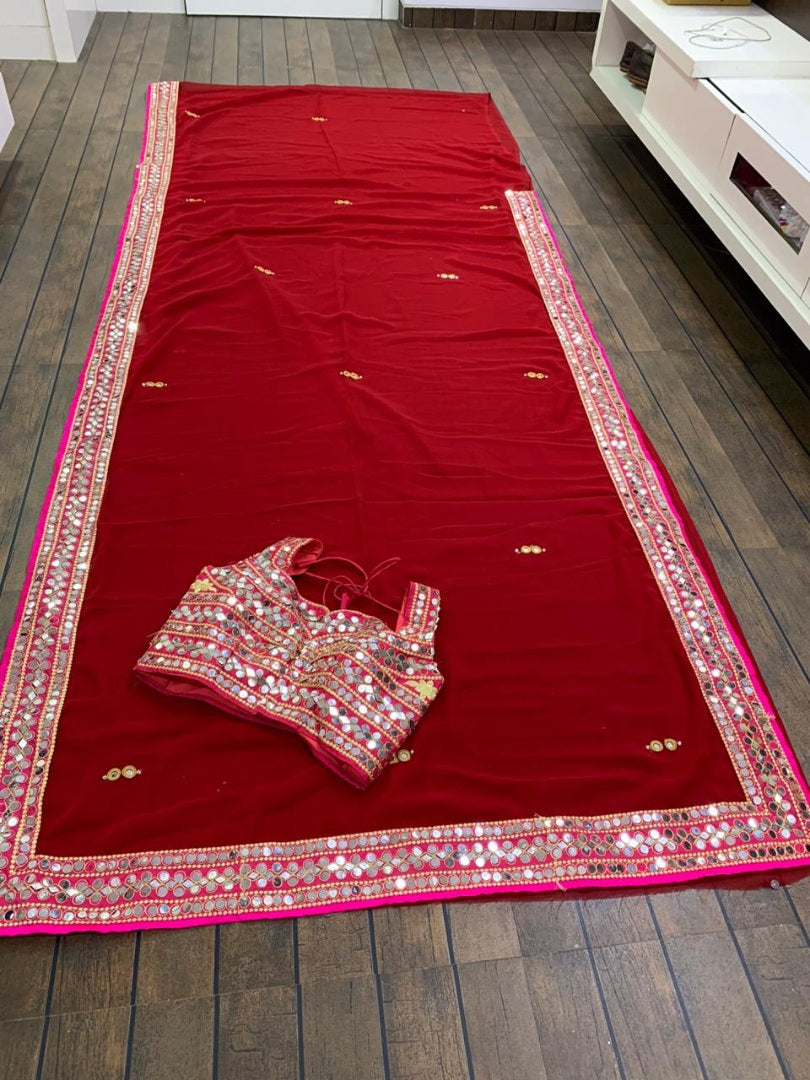 Sea green georgette real mirror work designer wedding saree