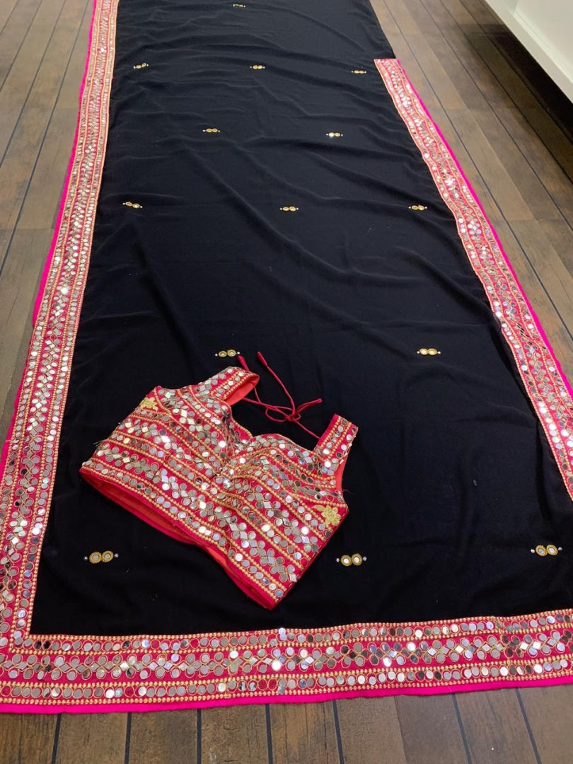 Sea green georgette real mirror work designer wedding saree