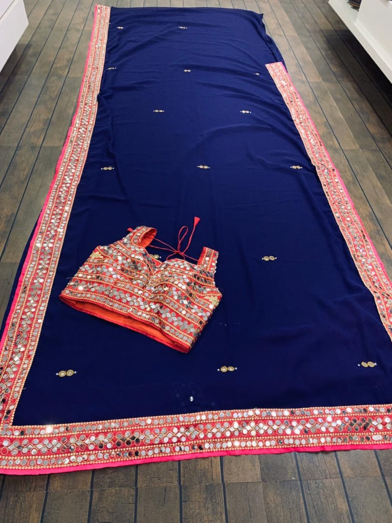 Sea green georgette real mirror work designer wedding saree