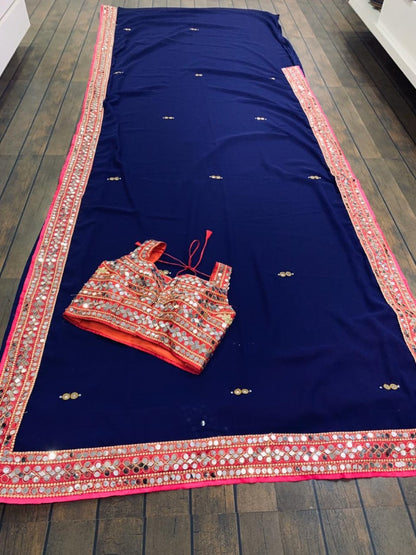 Sea green georgette real mirror work designer wedding saree