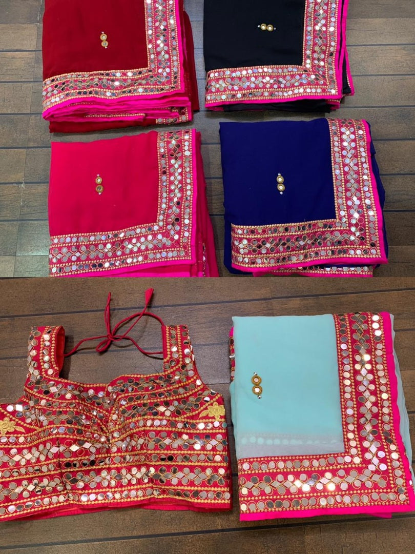 Sea green georgette real mirror work designer wedding saree