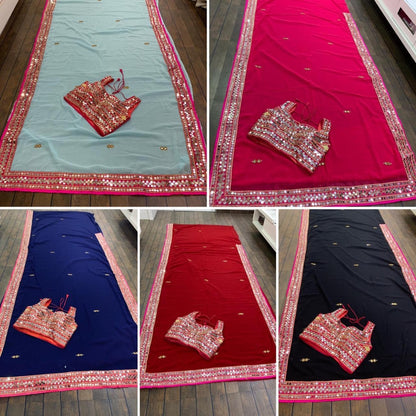 Sea green georgette real mirror work designer wedding saree