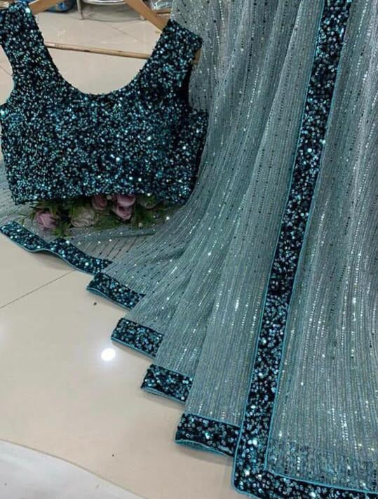 Sea green georgette sequence work partywear saree