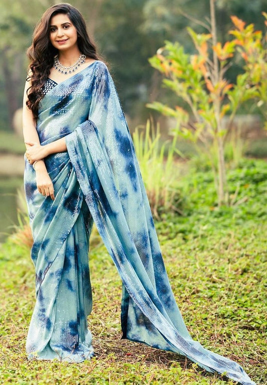 Sea green georgette sequence work printed saree