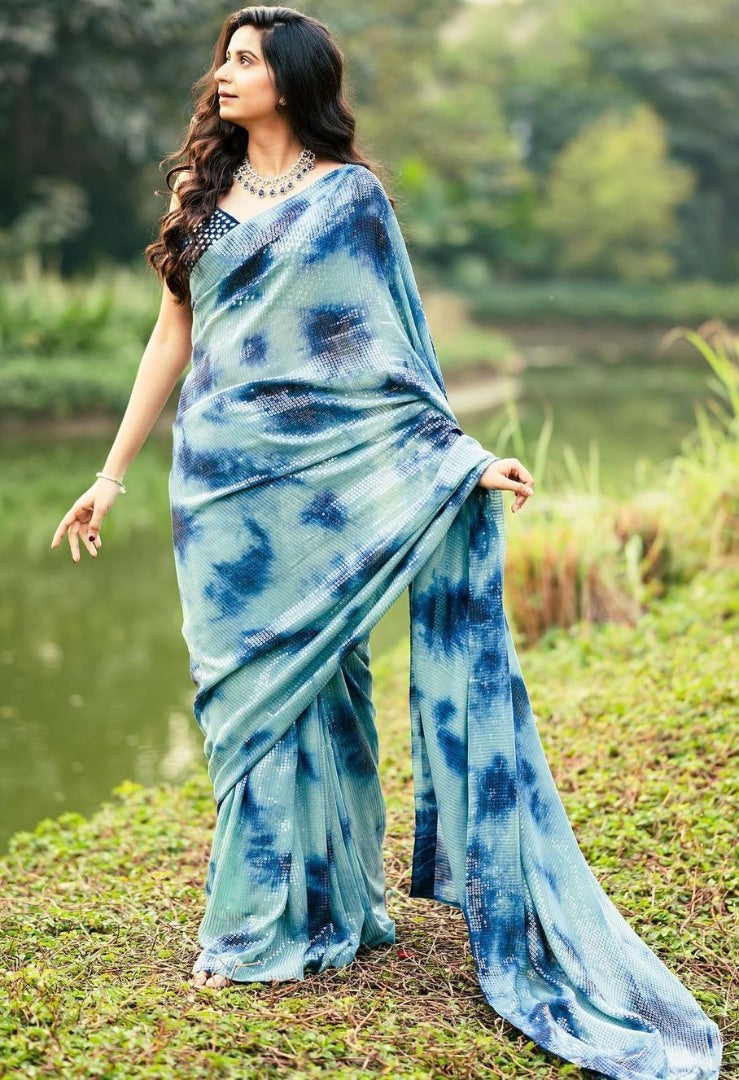 Sea green georgette sequence work printed saree