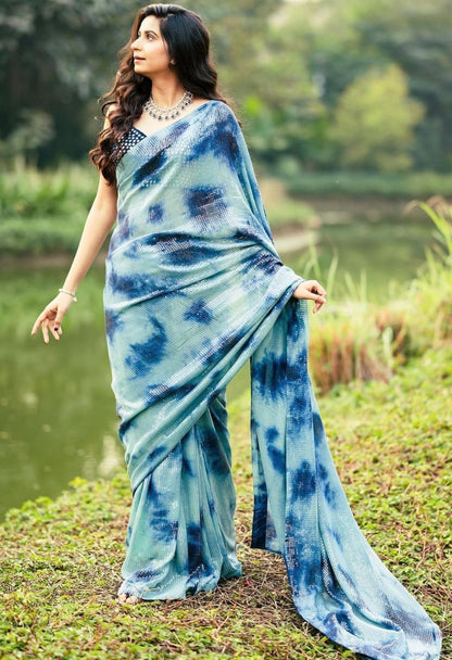 Sea green georgette sequence work printed saree