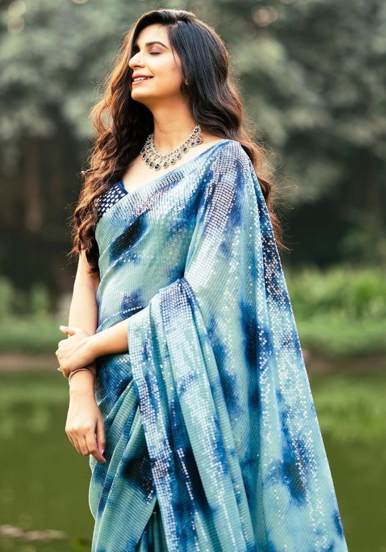 Sea green georgette sequence work printed saree