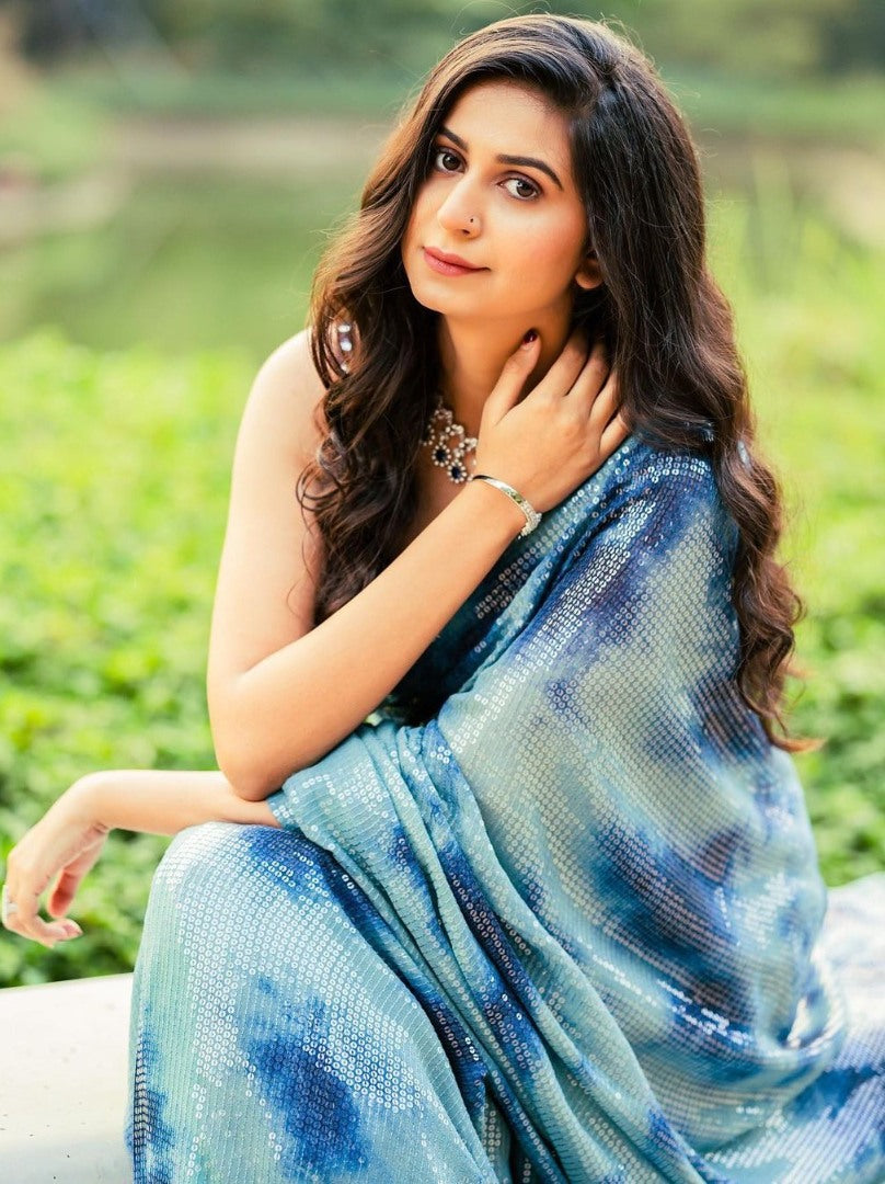 Sea green georgette sequence work printed saree