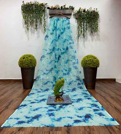 Sea green georgette sequence work printed saree