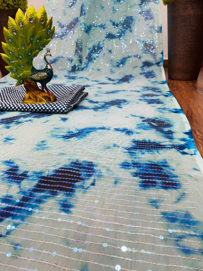 Sea green georgette sequence work printed saree