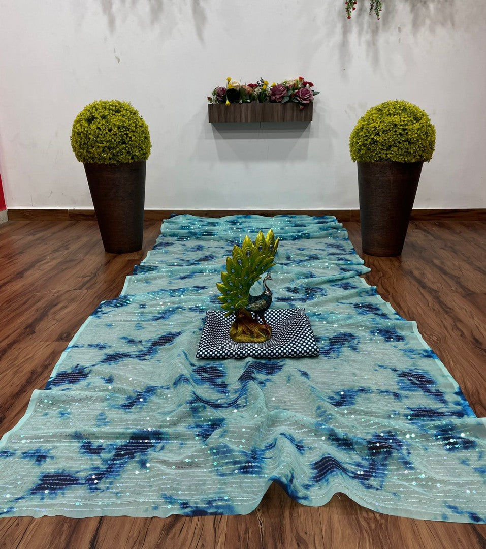 Sea green georgette sequence work printed saree