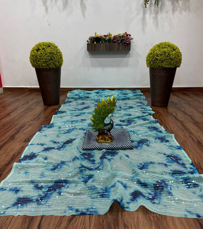 Sea green georgette sequence work printed saree