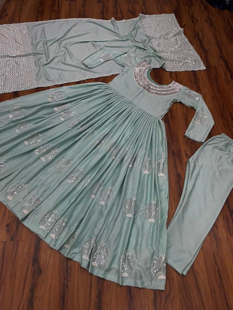 Sea green georgette silk embroidered anarkali suit