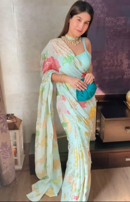 Sea green georgette thread and sequence work saree