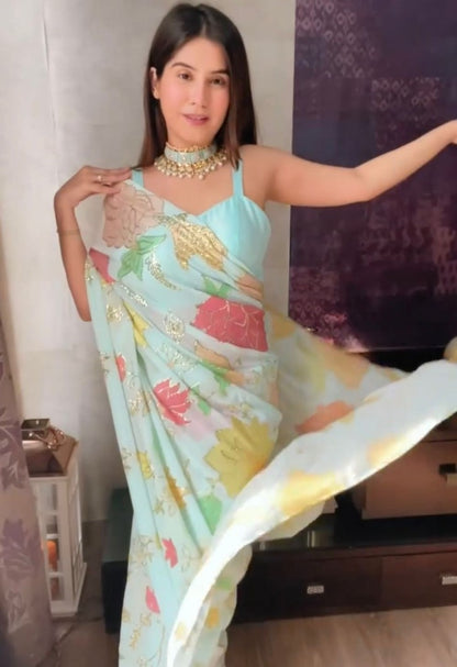 Sea green georgette thread and sequence work saree