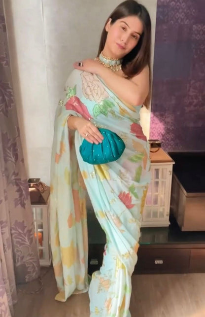 Sea green georgette thread and sequence work saree