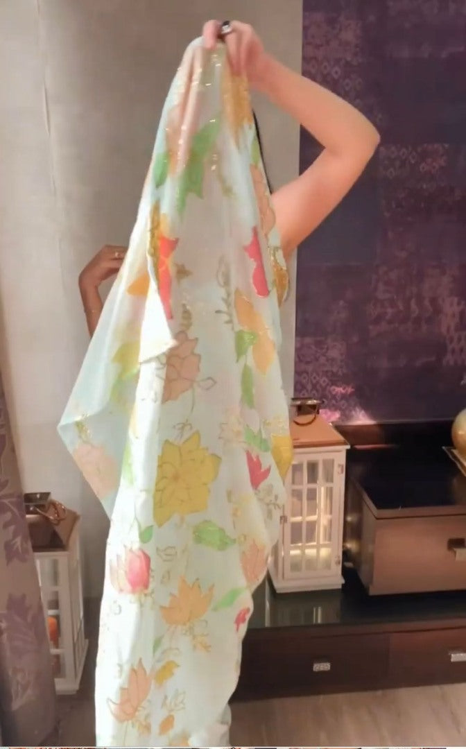 Sea green georgette thread and sequence work saree