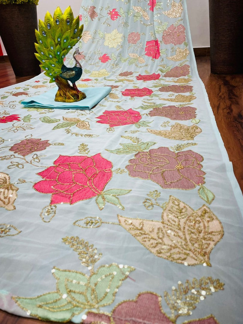 Sea green georgette thread and sequence work saree