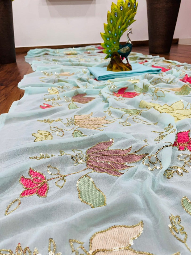 Sea green georgette thread and sequence work saree