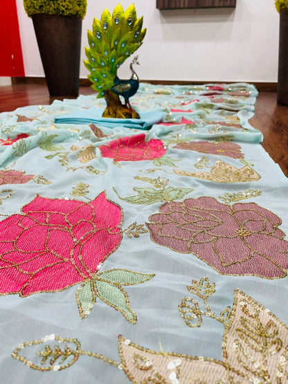 Sea green georgette thread and sequence work saree