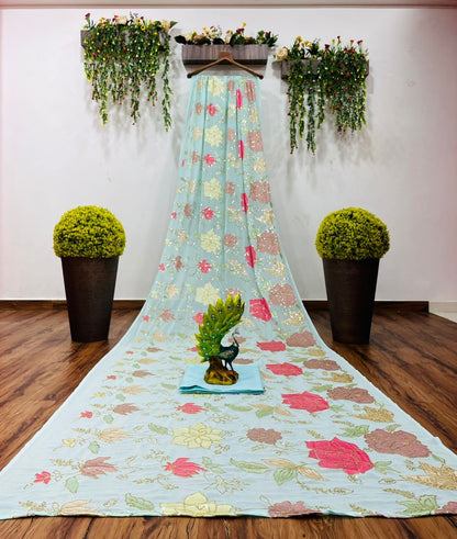 Sea green georgette thread and sequence work saree