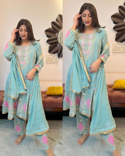 Sea green georgette thread sequence embroidered pant designer salwar suit
