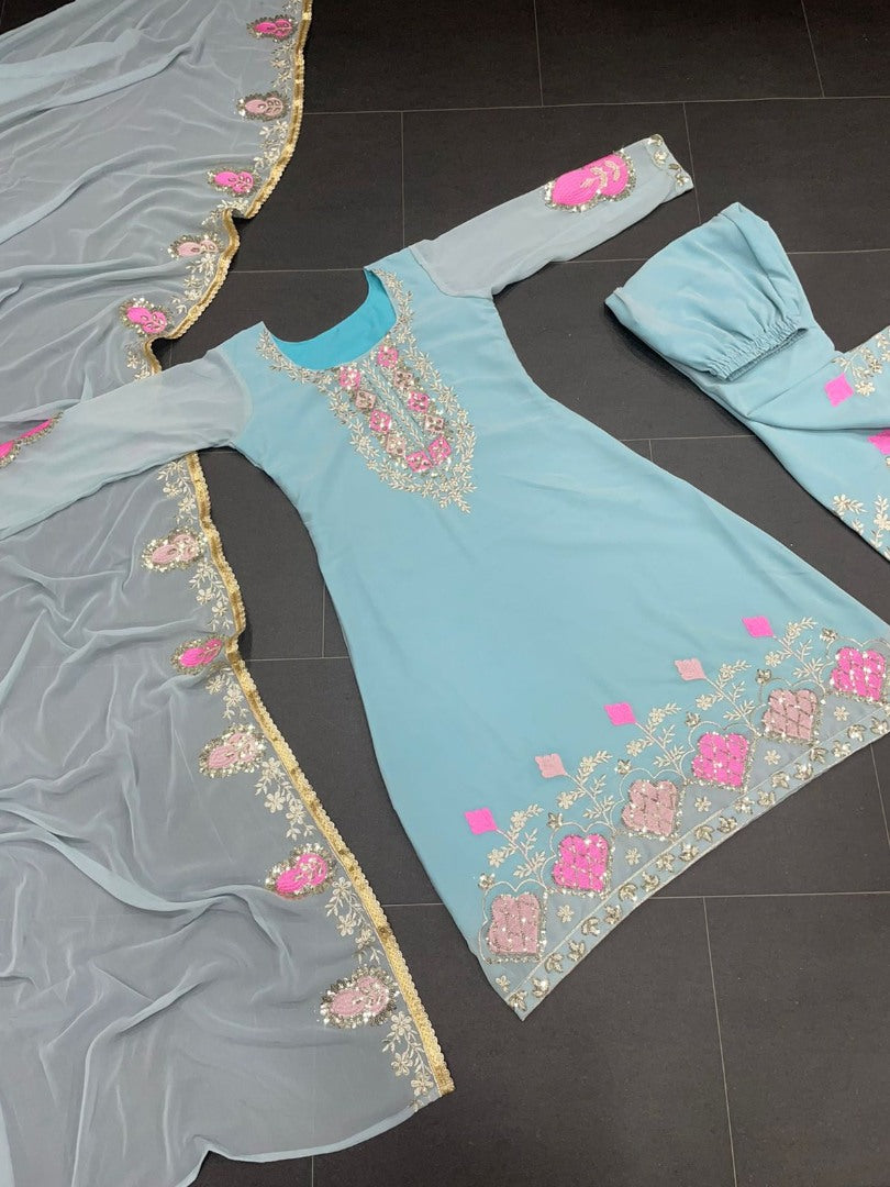 Sea green georgette thread sequence embroidered pant designer salwar suit
