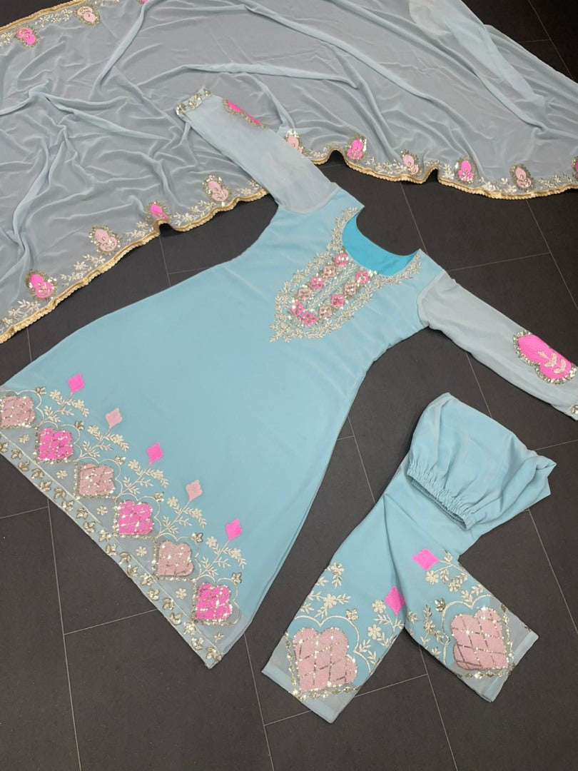 Sea green georgette thread sequence embroidered pant designer salwar suit