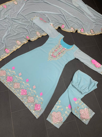 Sea green georgette thread sequence embroidered pant designer salwar suit