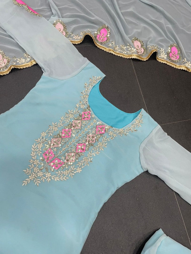 Sea green georgette thread sequence embroidered pant designer salwar suit