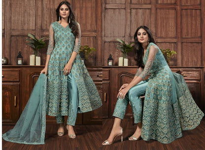 Sea green harvey net with embroidery coding work salwar suit