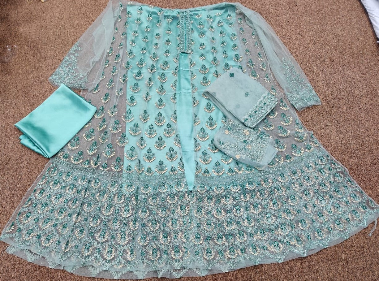 Sea green harvey net with embroidery coding work salwar suit