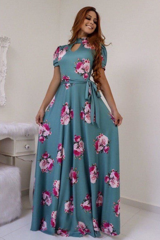 Sea green heavy american crape rose flower printed gown