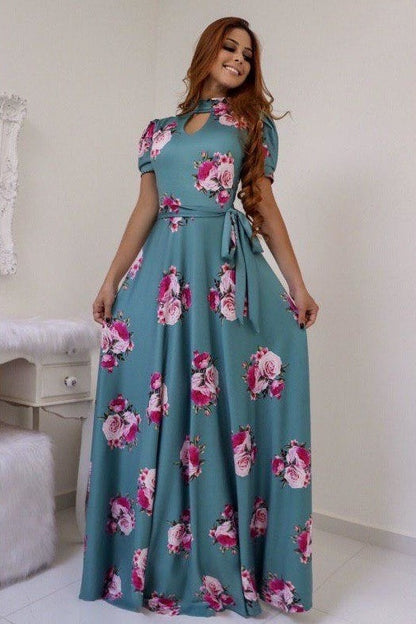 Sea green heavy american crape rose flower printed gown