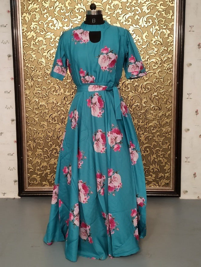 Sea green heavy american crape rose flower printed gown