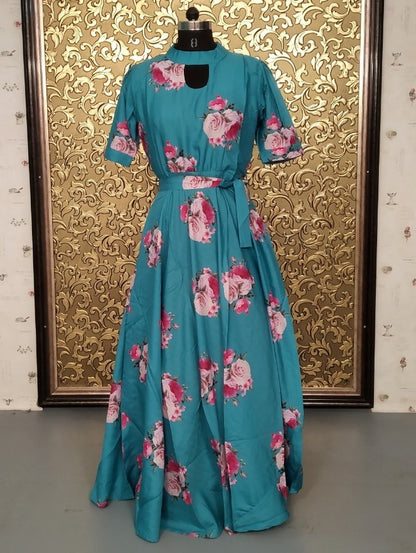 Sea green heavy american crape rose flower printed gown