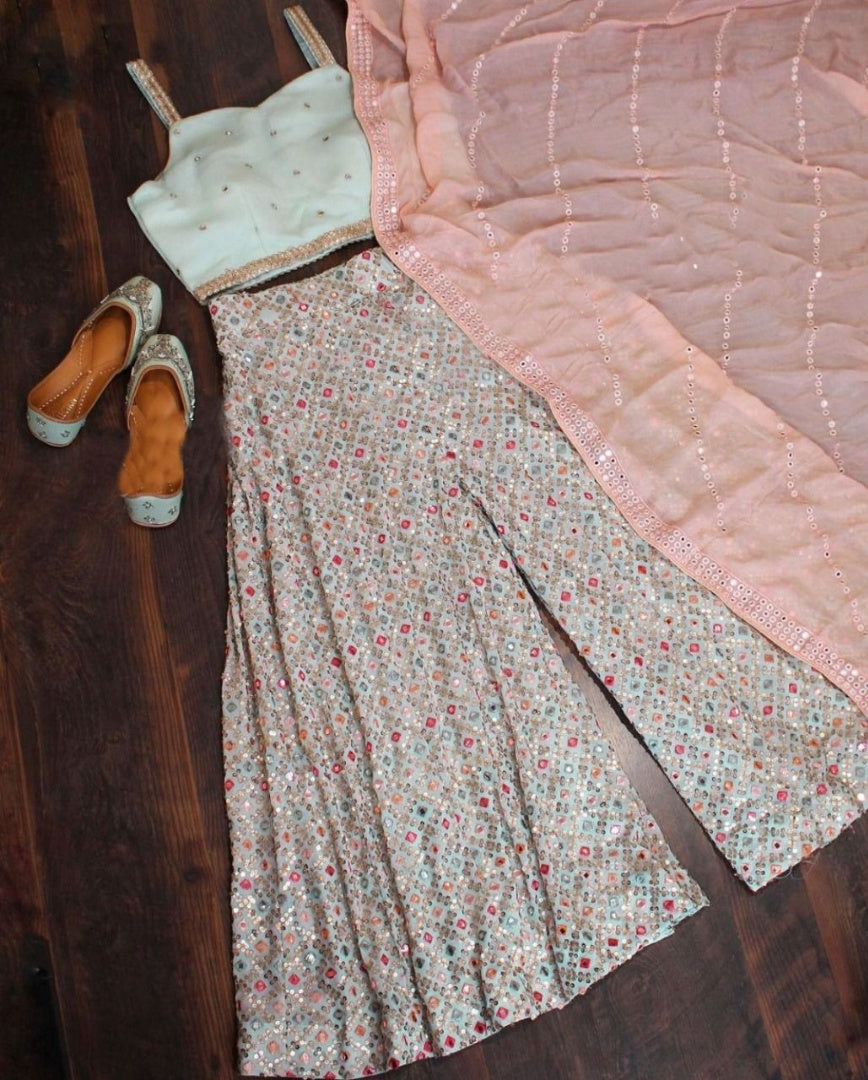 Sea green heavy embroidered plazzo suit