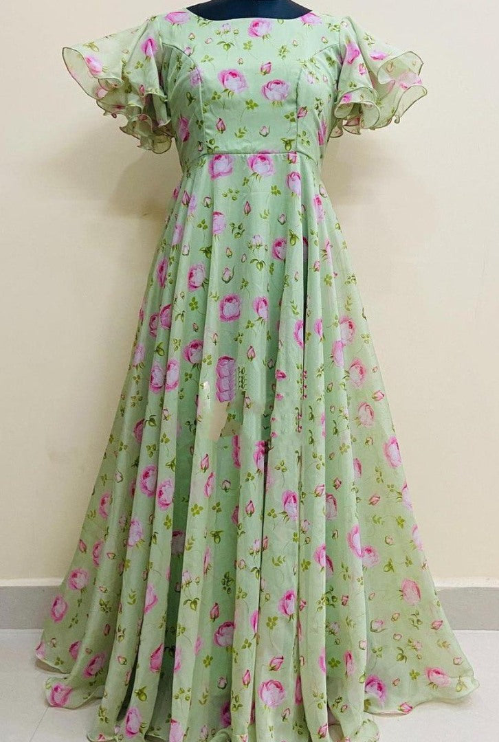 Sea green heavy georgette digital flower printed gown