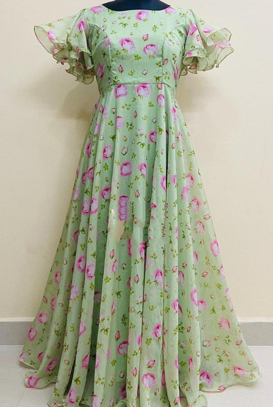 Sea green heavy georgette digital flower printed gown