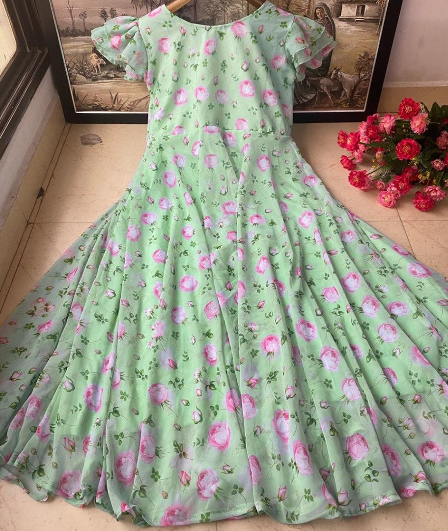Sea green heavy georgette digital flower printed gown