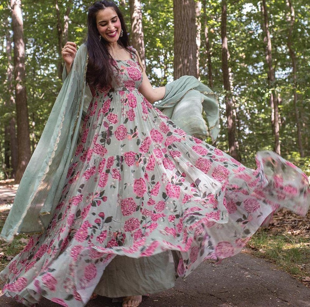 Sea green heavy georgette digital printed work party wear gown