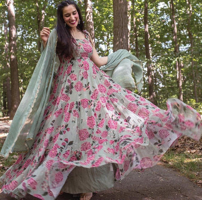 Sea green heavy georgette digital printed work party wear gown