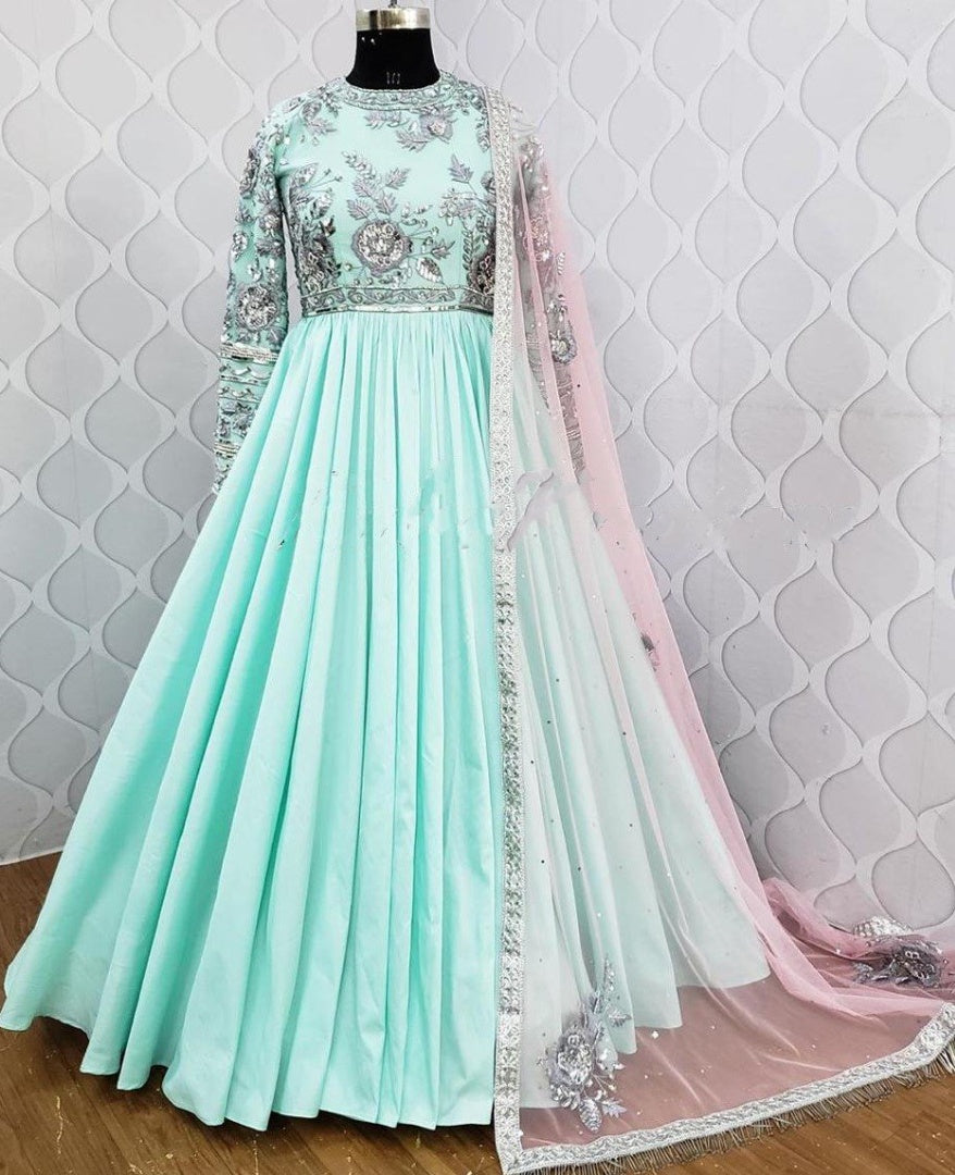 Sea green heavy georgette embroidered work ceremonial gown