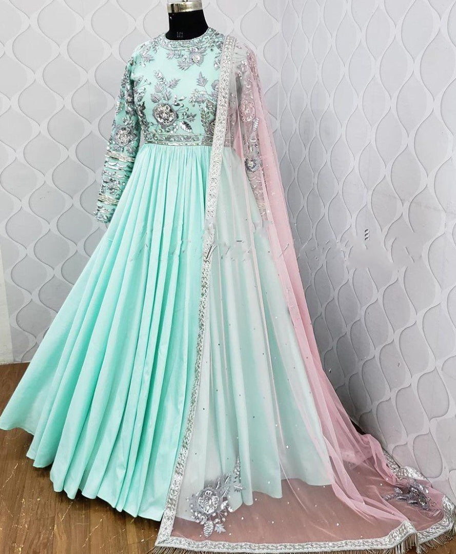 Sea green heavy georgette embroidered work ceremonial gown
