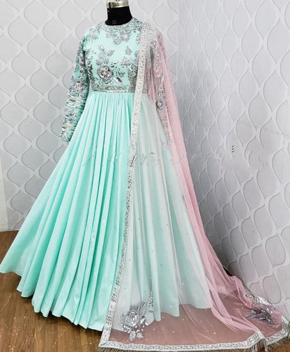 Sea green heavy georgette embroidered work ceremonial gown