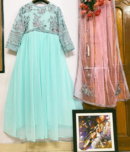 Sea green heavy georgette embroidered work ceremonial gown