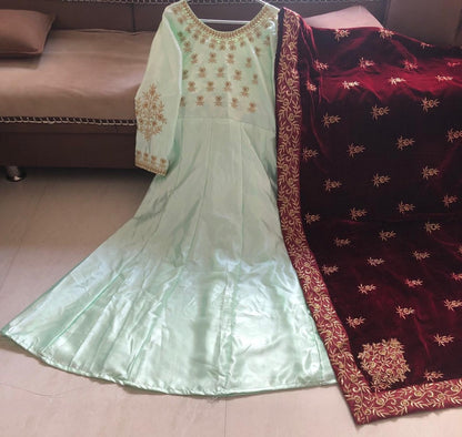 Sea green heavy japan satin long gown with velvet embroidered dupatta